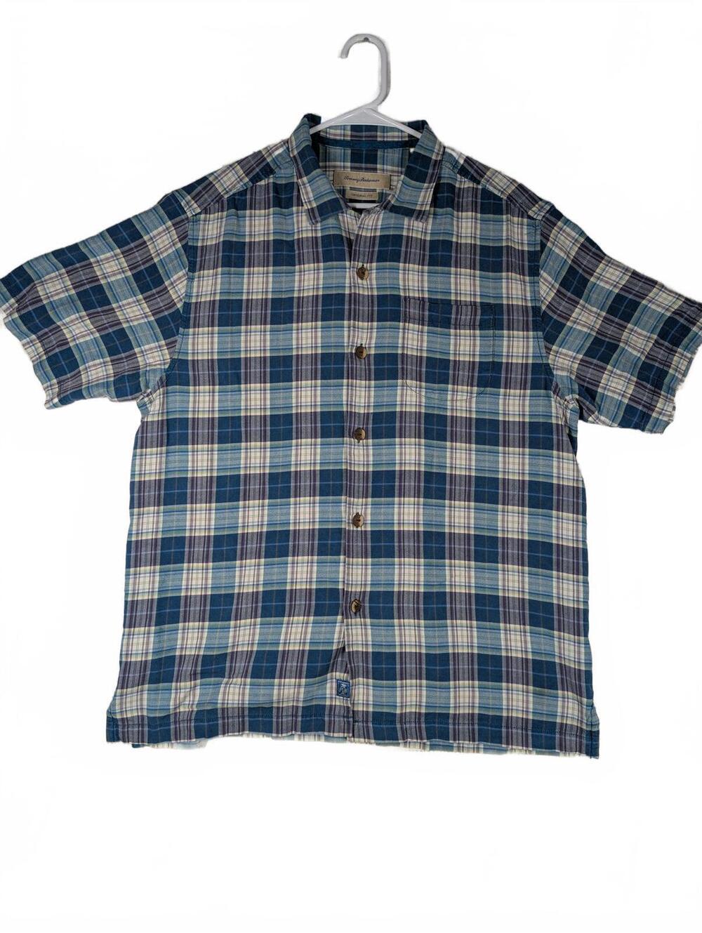 Tommy Bahama Original Fit Plaid Silk Button Shirt Blue Casual Mens Large